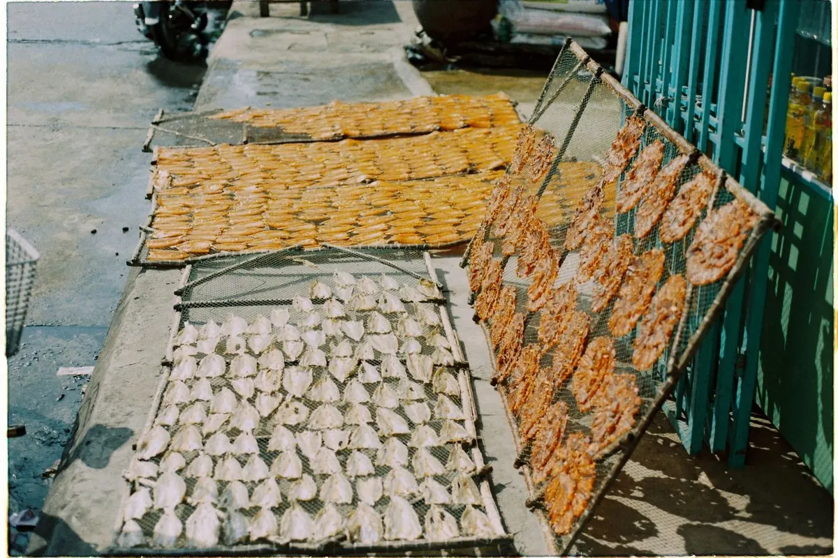 Split fish drying on nets along a market sidewalk