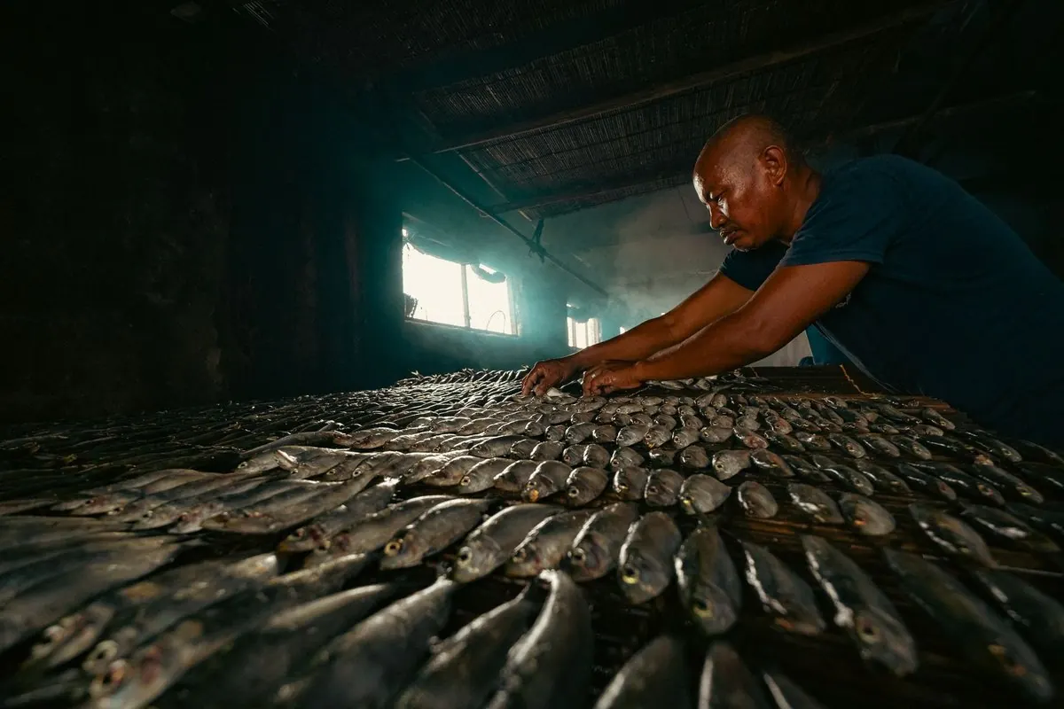 A worker checking rows of fish being smoked in a smokehouse