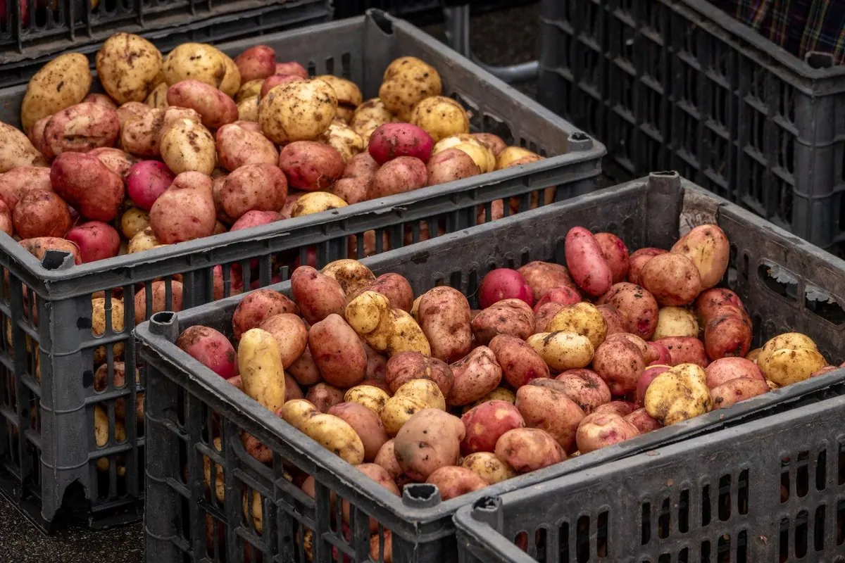 Freshly harvested red and yellow potatoes in plastic crates