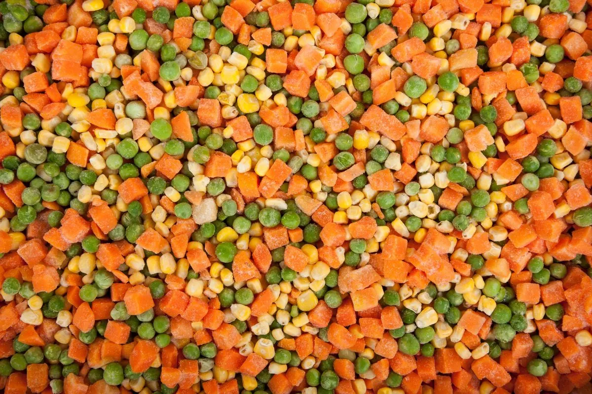 Frozen mixed vegetables of diced carrot, peas and corn
