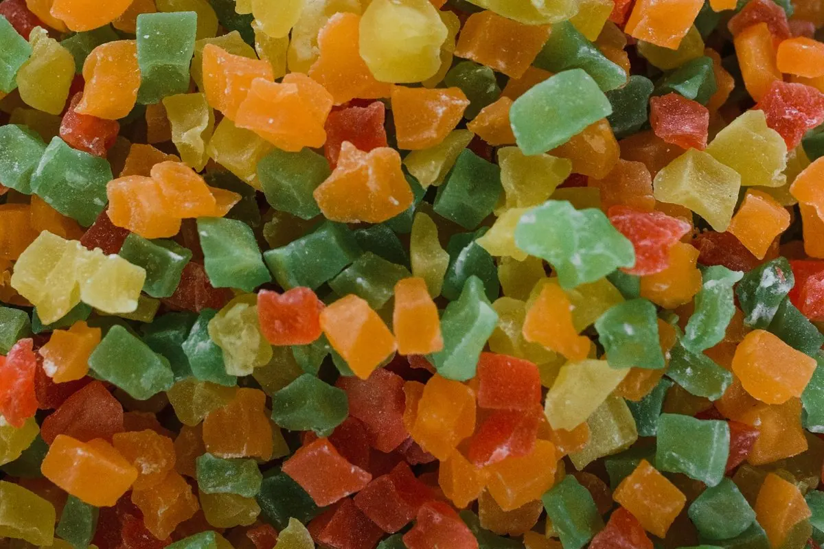 Pile of multicoloured diced candied fruit