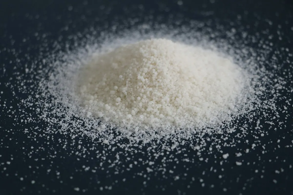 Pile of white calcium chloride flakes on a dark background