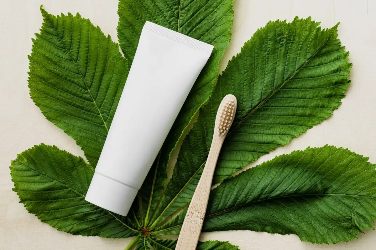 White toothpaste tube and bamboo toothbrush on green leaves