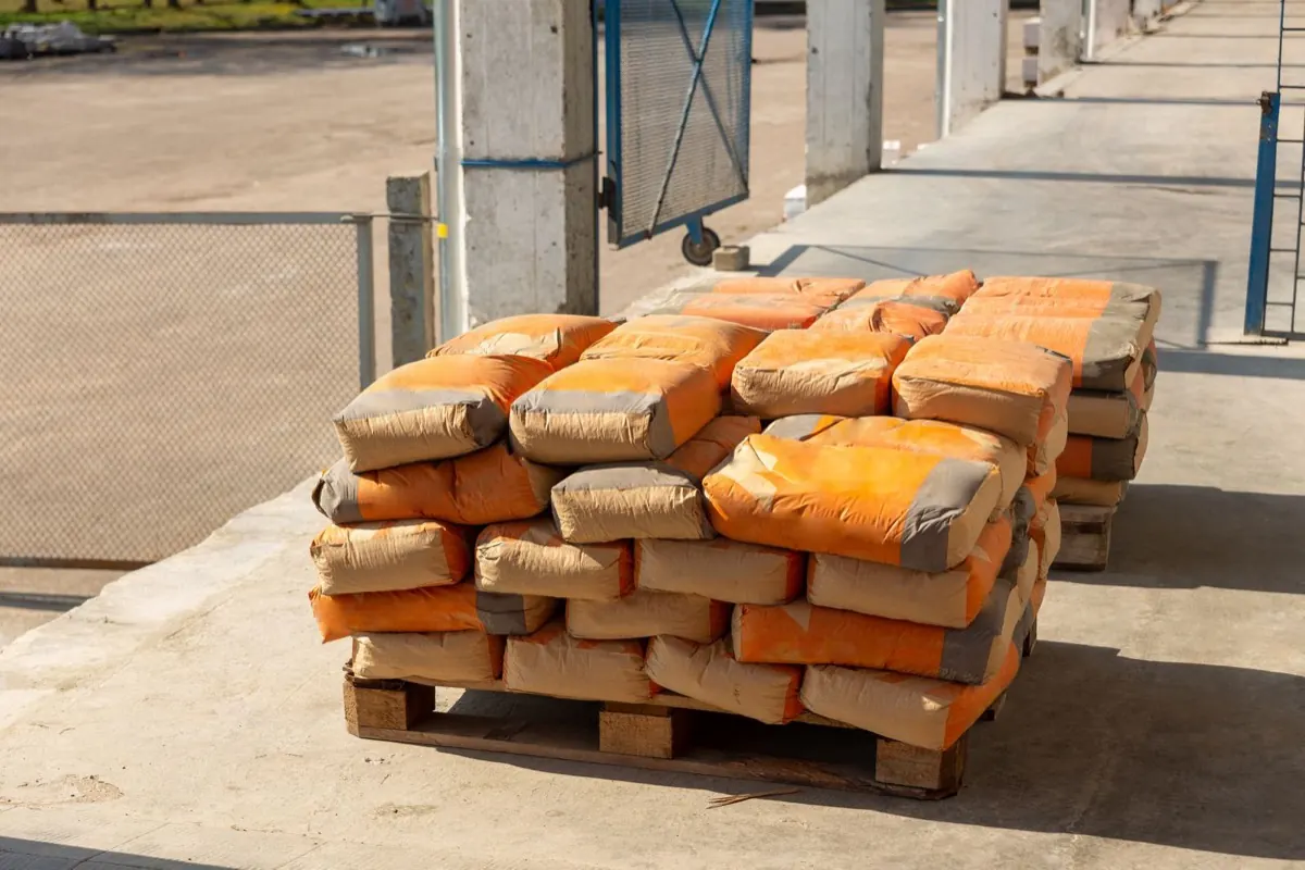 Bao xi măng xếp trên pallet gỗ ngoài kho