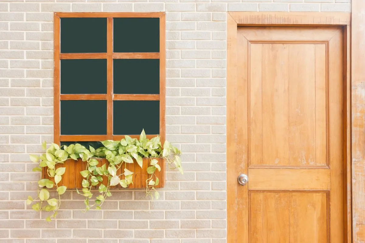 Solid wooden door next to a wooden-framed window on a brick wall
