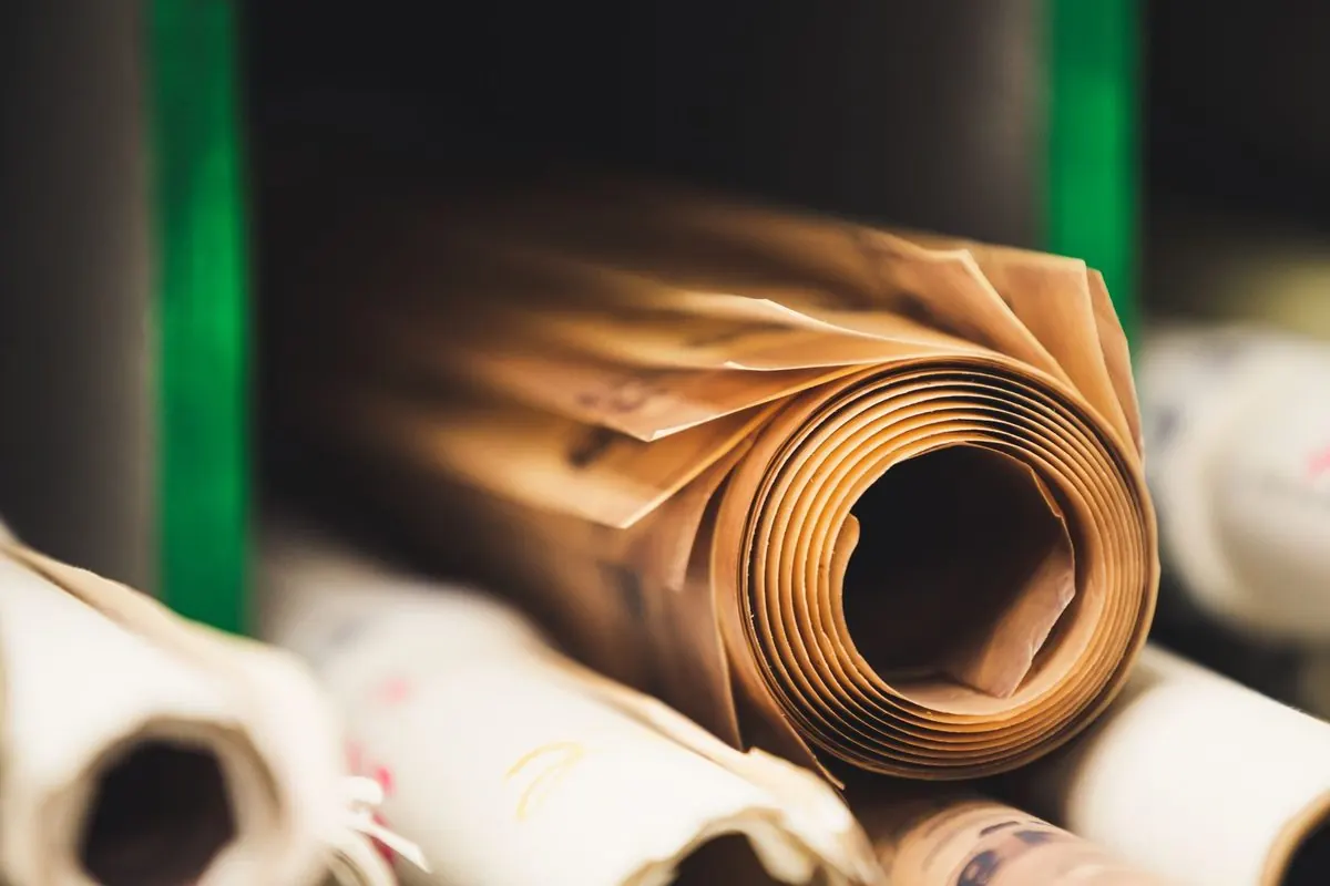 Brown kraft paper rolls stacked on a shelf
