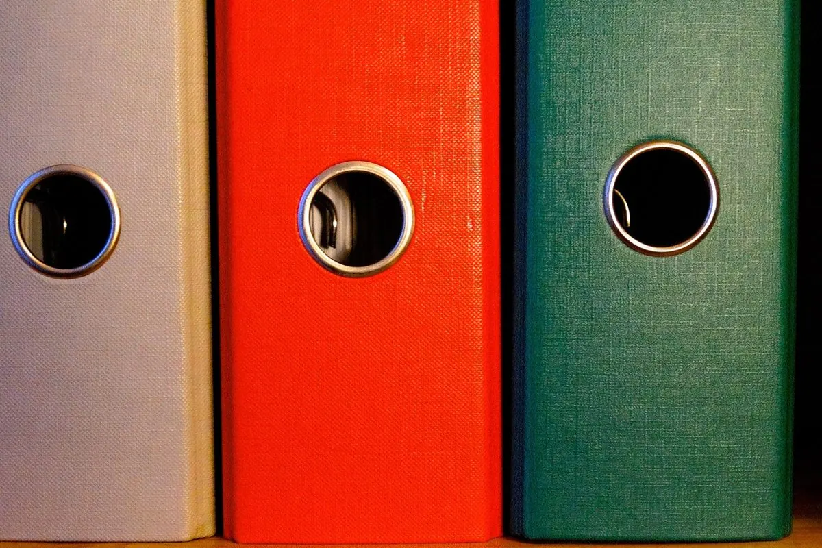 Three file binder spines in beige, red and green