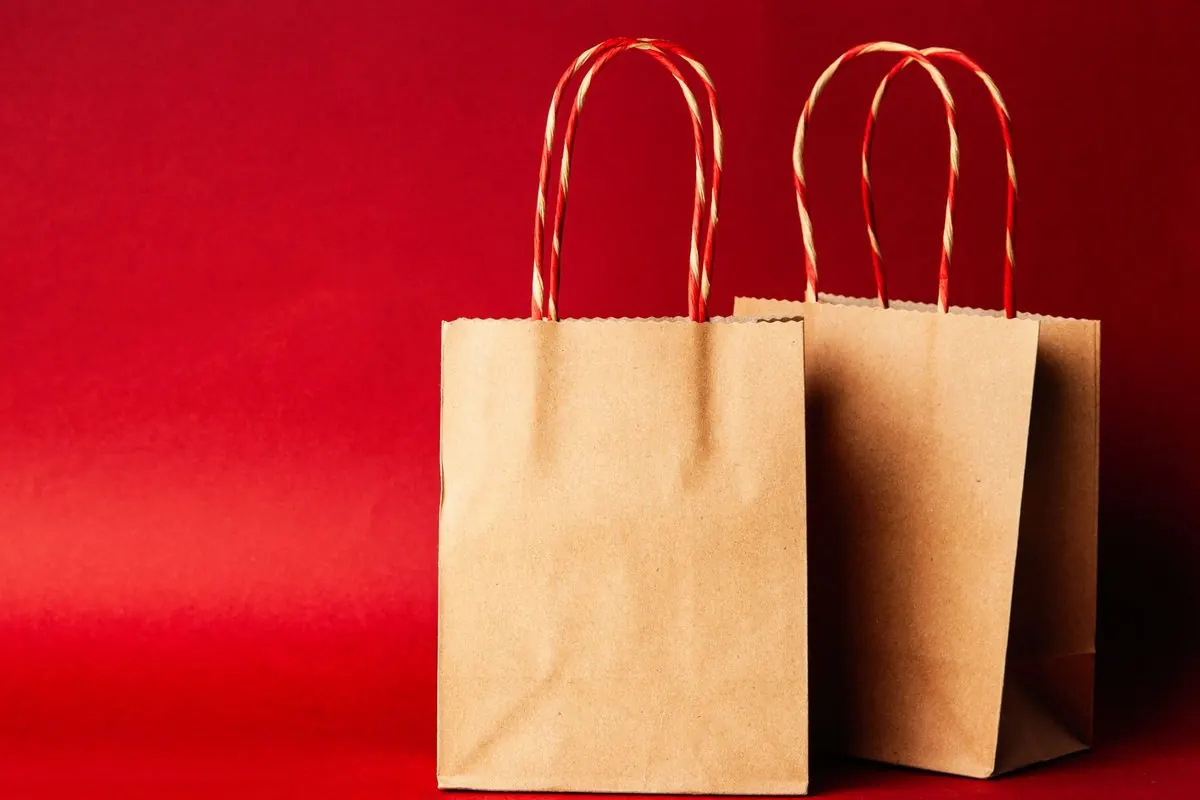Hai túi giấy kraft có quai xoắn đặt trên nền đỏ