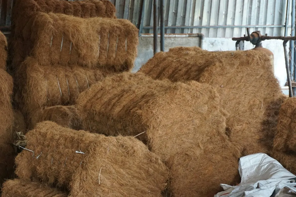 Các kiện xơ dừa nâu ép chặt xếp chồng trong nhà kho