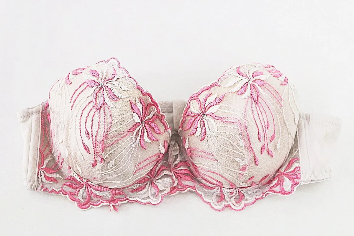Áo ngực màu hồng trắng có ren thêu