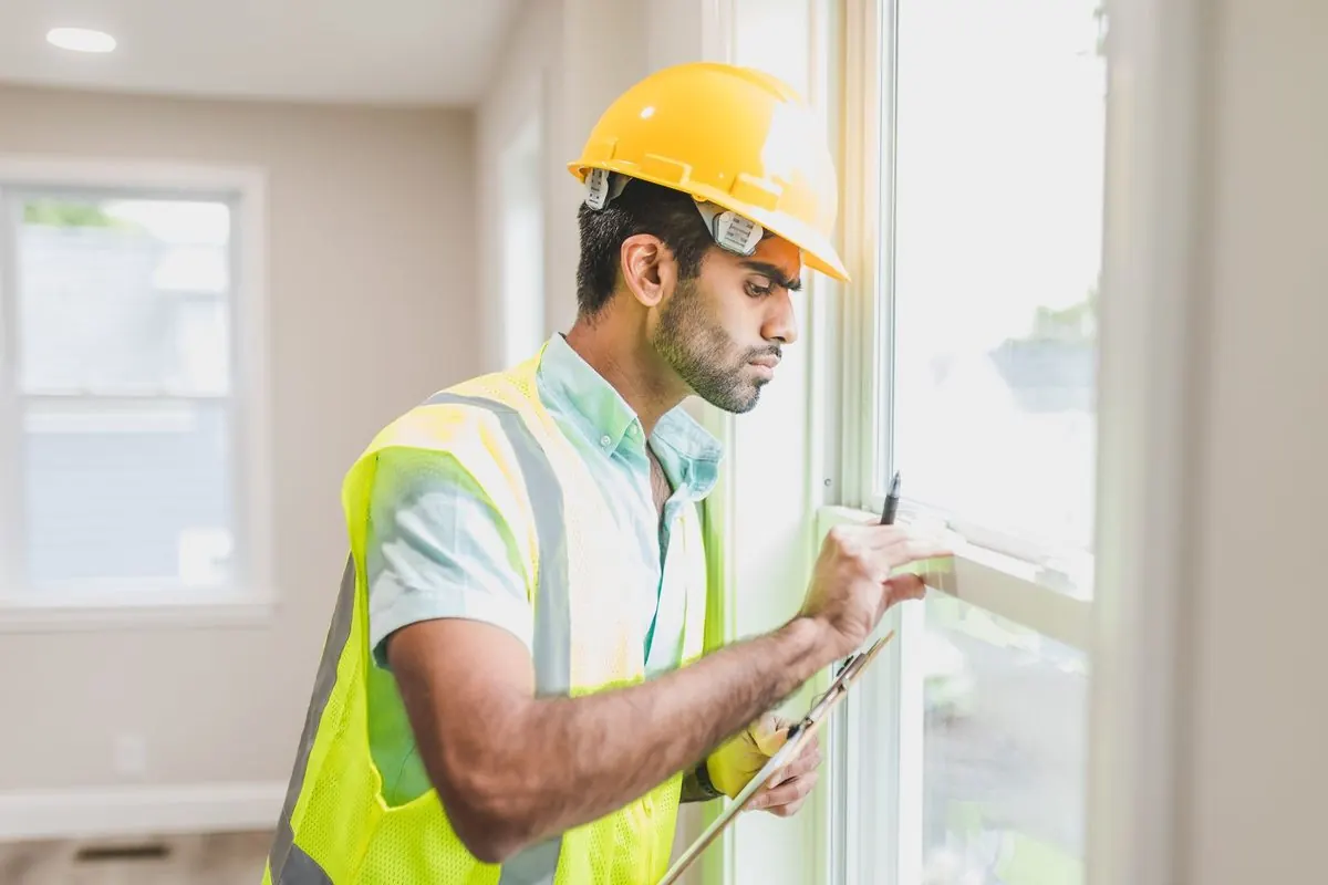 Công nhân đội mũ bảo hộ vàng và mặc áo phản quang