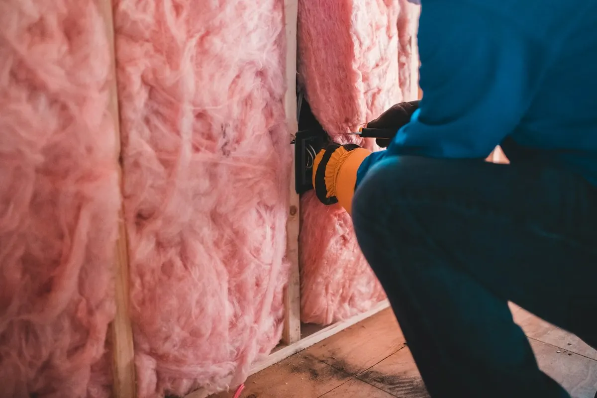 Tấm bông thủy tinh cách nhiệt màu hồng lắp giữa khung tường