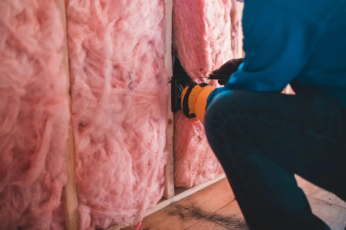 Công nhân lắp bông thủy tinh cách nhiệt vào khung tường