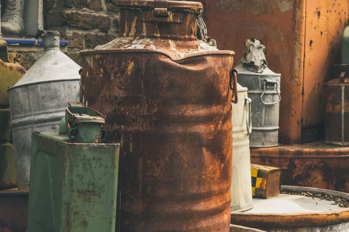 Rusty steel drums and cans beside a brick wall