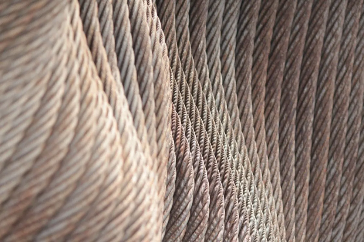 Close-up of tightly coiled stranded steel cable