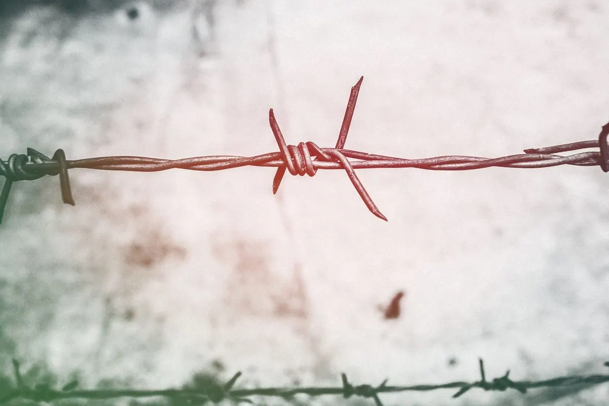Rusty barbed wire stretched against a white wall