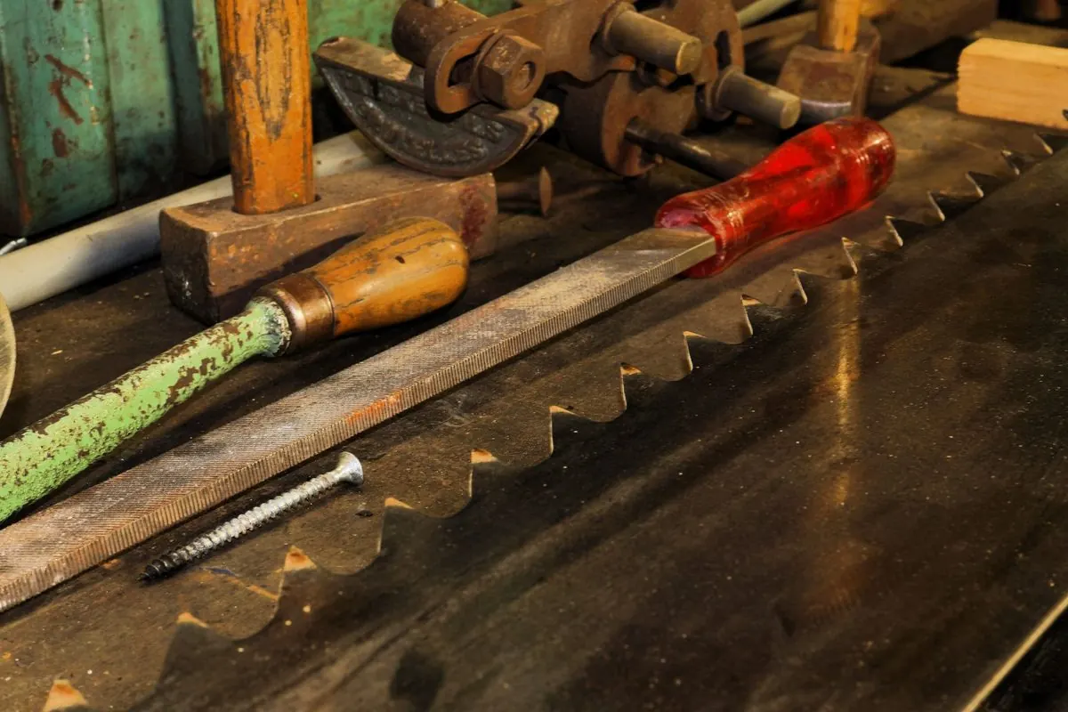Red-handled file on a workbench beside old tools