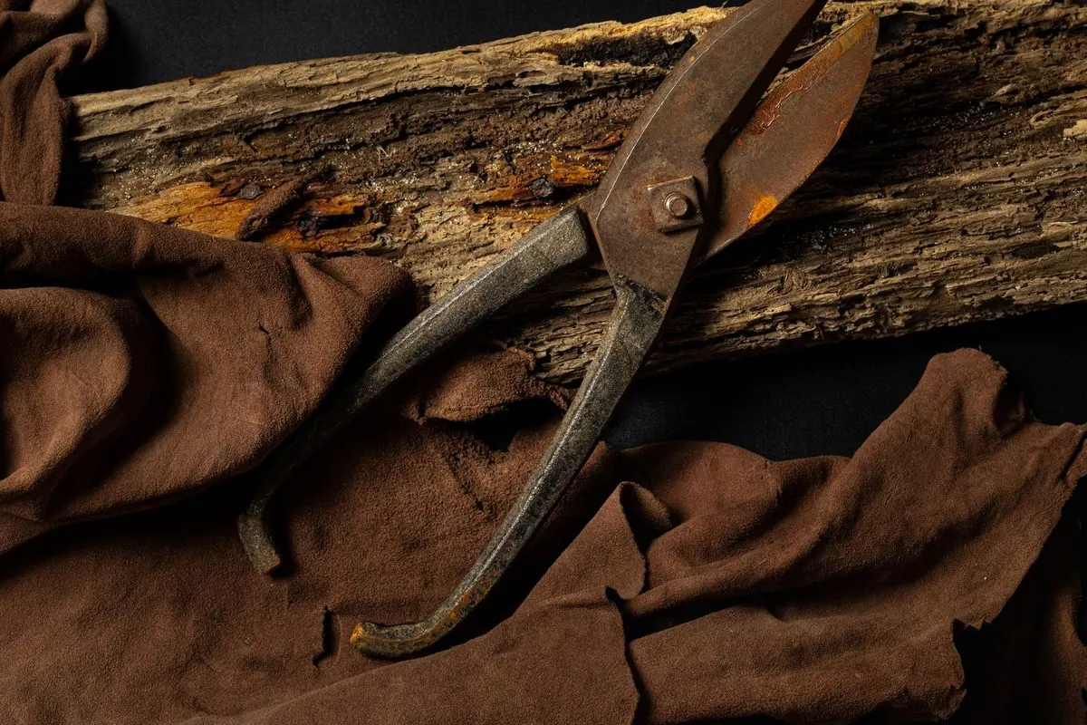 Old rusty tin snips on a wooden beam