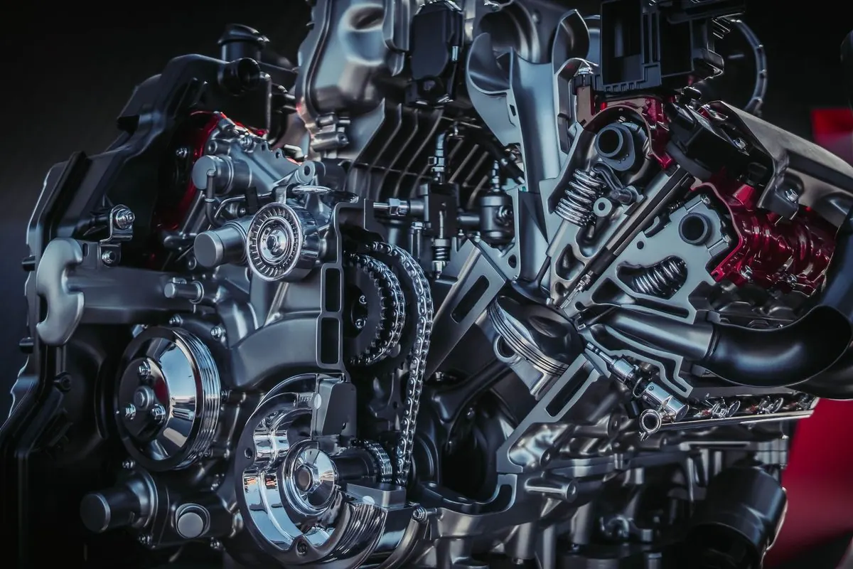 Close-up of a multi-cylinder petrol engine block