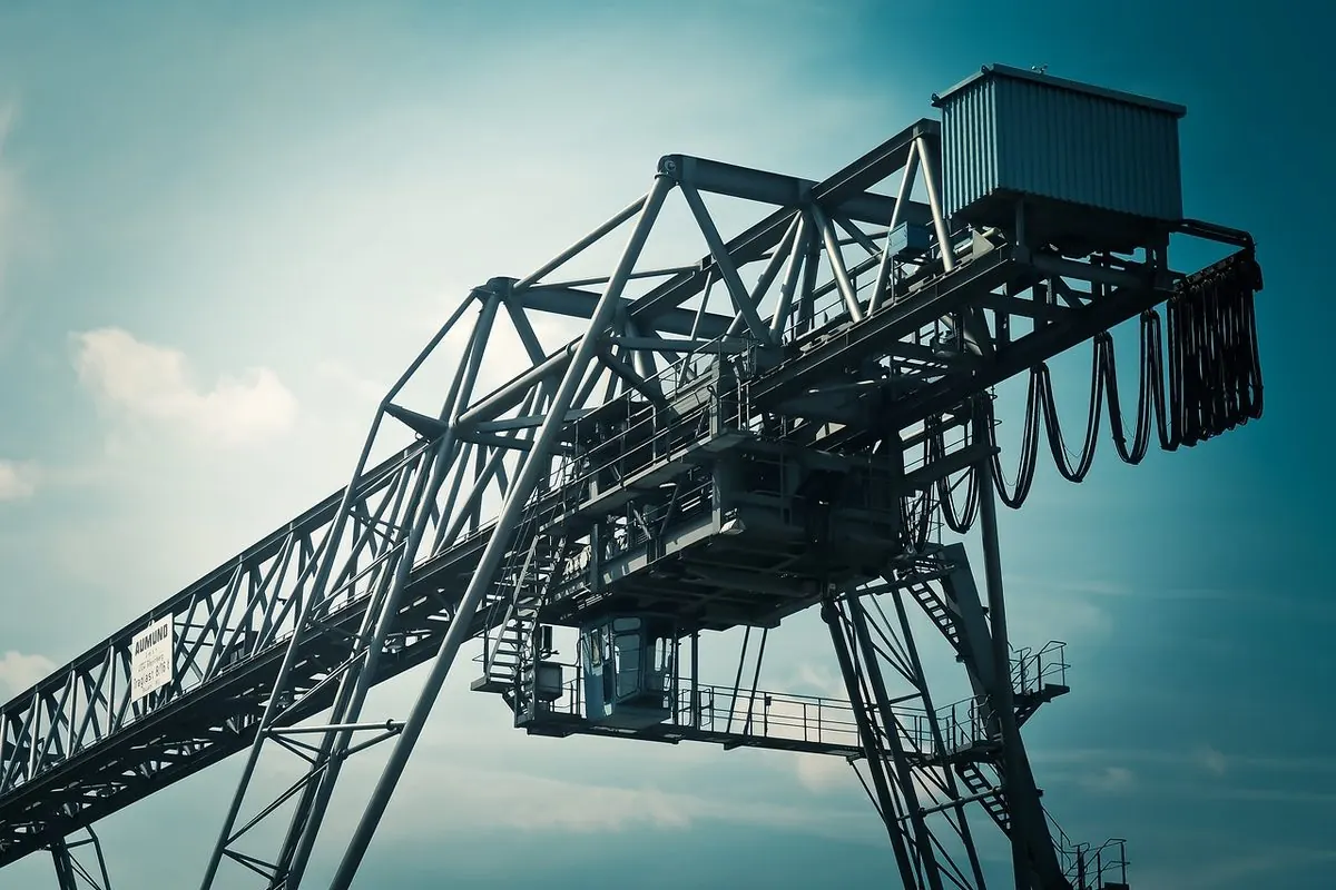 Steel portal gantry crane seen from below against a blue sky