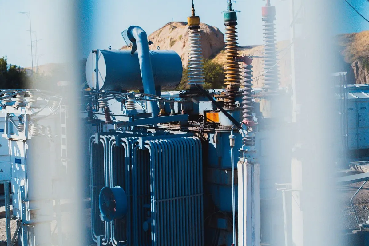 Large power transformer and high-voltage bushings at a substation