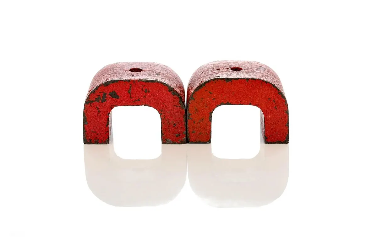 Two red horseshoe magnets on a white background