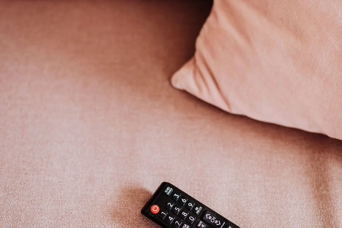 Black remote control lying on a pink sofa