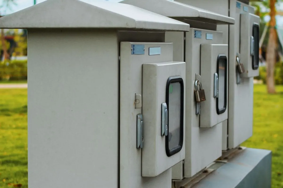 Three grey outdoor electrical cabinets with glass doors