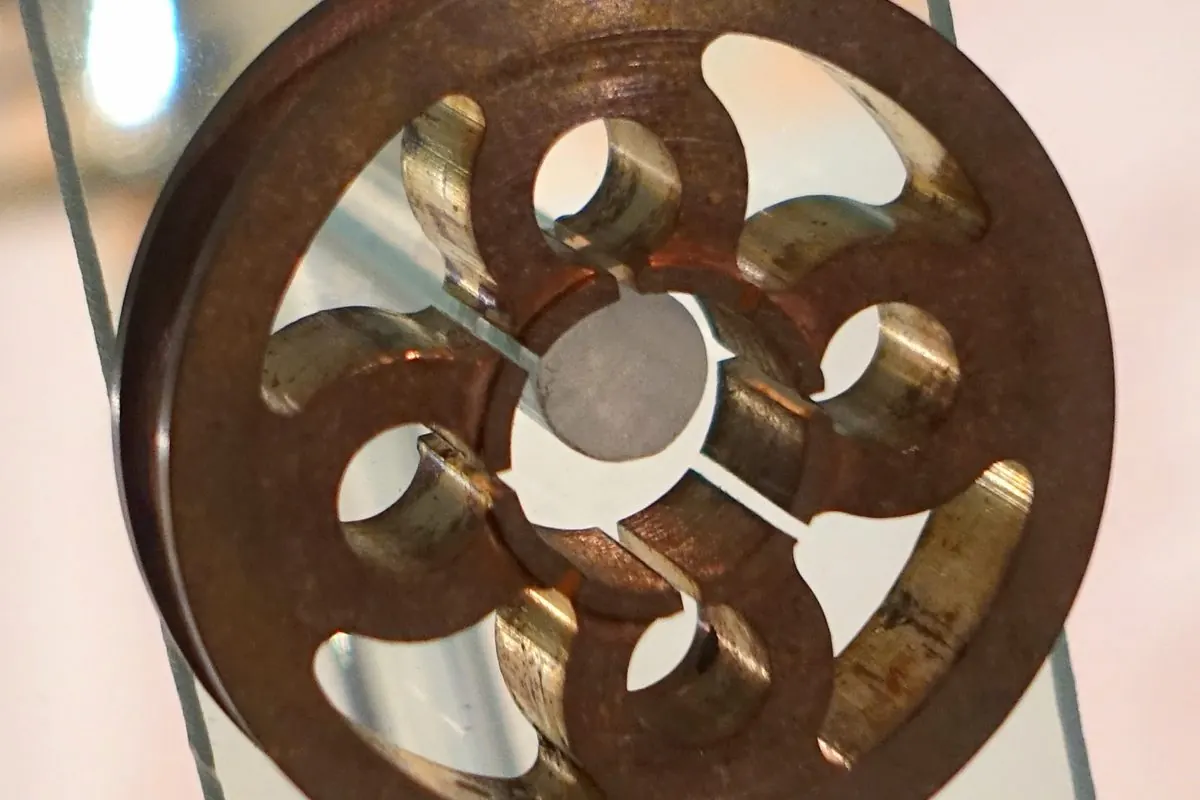 Copper core of a cavity magnetron held in a hand