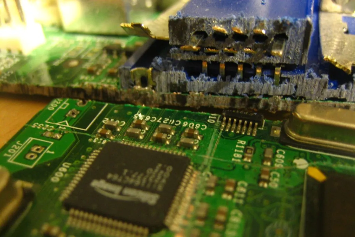 Cận cảnh chip mạch tích hợp gắn trên bo mạch xanh