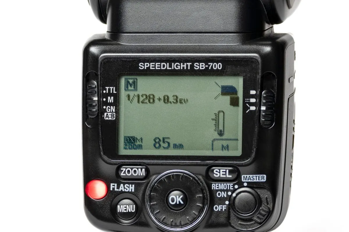 Black camera flash unit on a white background