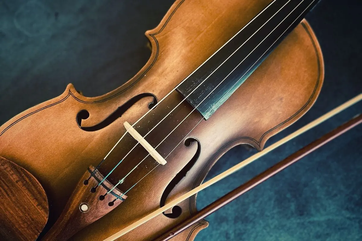 Đàn violin gỗ cùng cây vĩ trên nền xanh đậm
