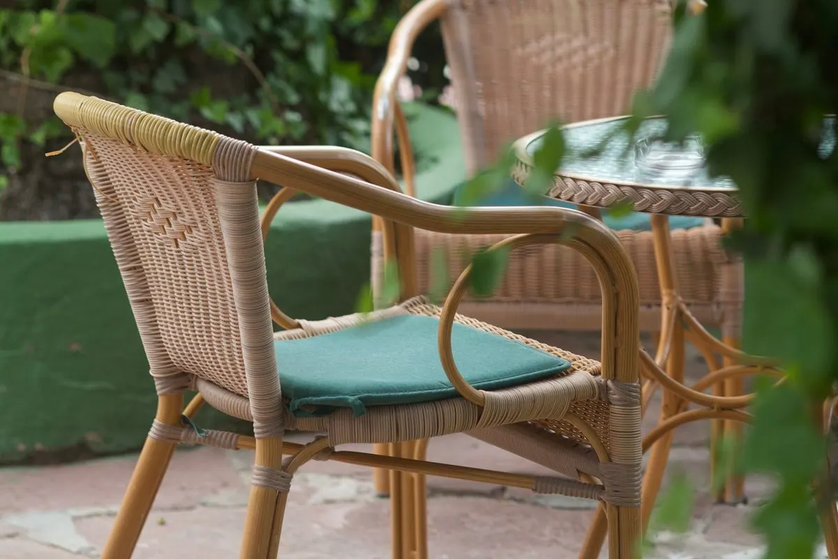 Ghế mây có tay vịn đặt ngoài vườn